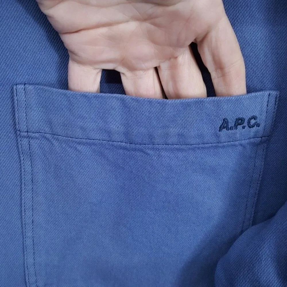 APC Overshirt Jacket Mens XL Blue Button Up Cotton Twill Logo Pocket LEON $335